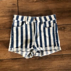 Blue and white striped high waist shorts